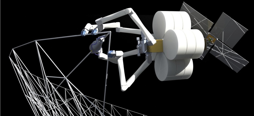 A computer generated model of Tethers Unlimited's SpiderFab technology.