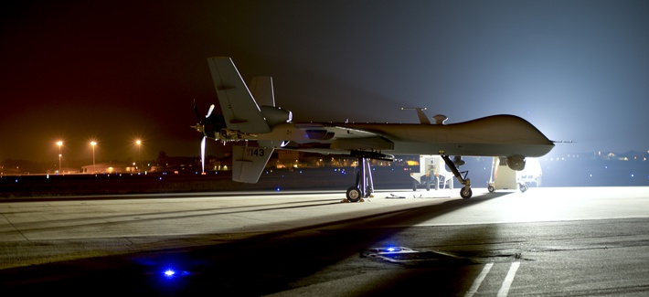 An MQ-9 Reaper sits on the flight line at Hurlburt Field Fla., April 24, 2014. 