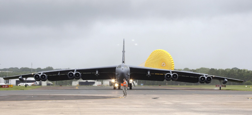 A B-52 Stratofortress lands Jan. 28, 2014, at Royal Australian Air Force Base Darwin, Australia.