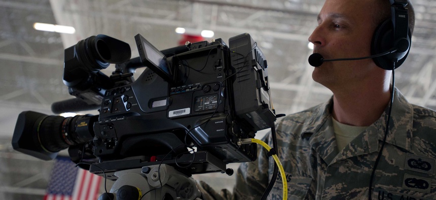 An Air Force NCO rehearses as part of the preparation for the Chief of Staff of the Air Force transition ceremony.