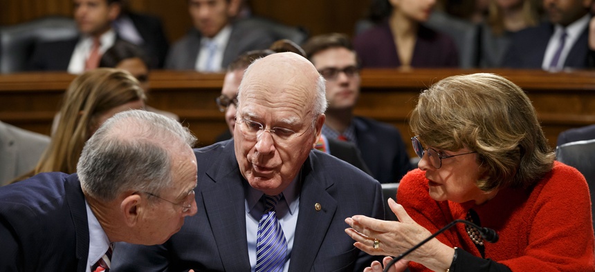 Senate Judiciary Committee Chuck Grassley, R-Iowa, Sen. Patrick Leahy, D-Vt., and Sen. Dianne Feinstein, D-Calif., confer on Capitol Hill, Jan. 22, 2015.