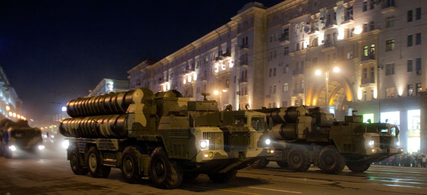 Russian army S-300 air defense missile launchers drive in a street during a rehearsal for the Victory Day military parade at Moscow's Red Square, Russia, May 4, 2009.