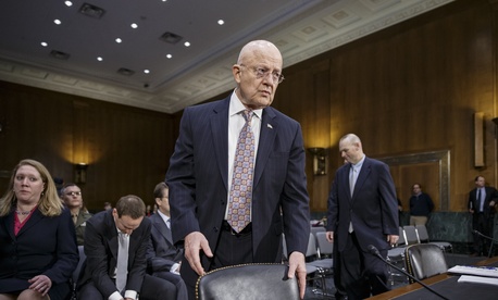 Director of National Intelligence James Clapper arrives on Capitol Hill in Washington, Thursday, Feb. 26, 2015, to testify before the Senate Armed Services Committee.
