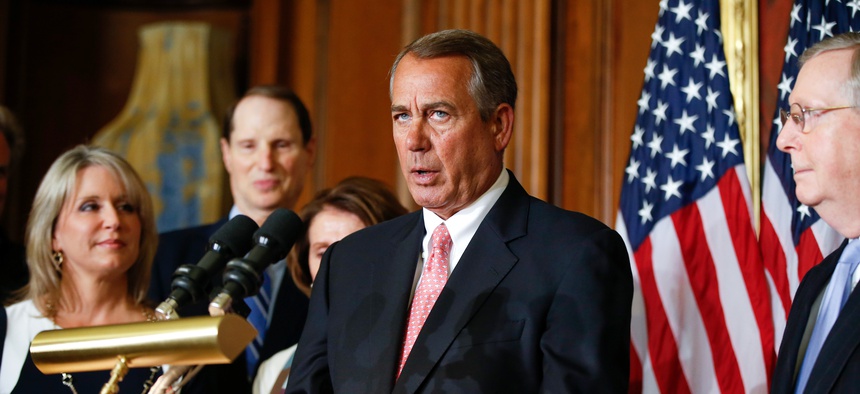 House Speaker John Boehner speaks during a press conference on Capitol Hill, on April 16, 2015.