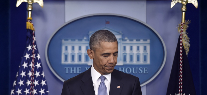 President Barack Obama pauses while speaking in the Brady Press Briefing Room of the White House in Washington, Thursday, April 23, 2015.