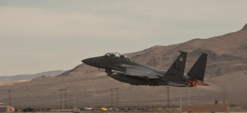 An F-15E Strike Eagle takes off Feb. 4, 2015, from Nellis Air Force Base, Nev., to participate in a Red Flag 15-1 training sortie over the Nevada Test and Training Range.
