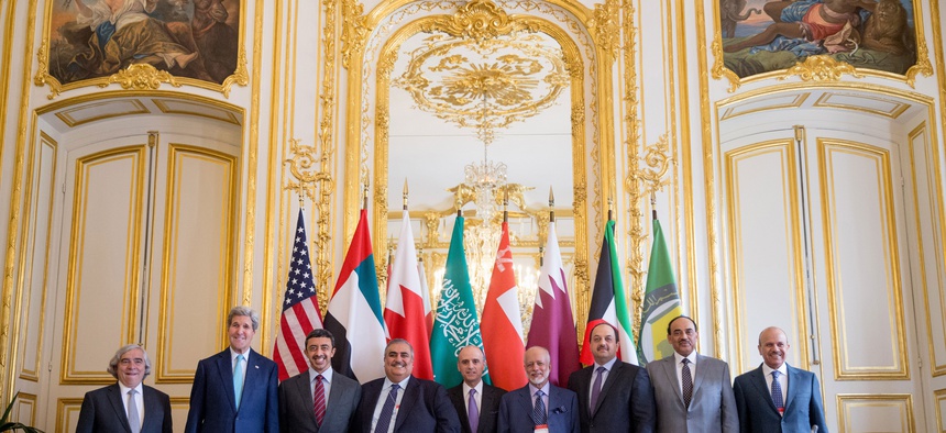 Secretary of State John Kerry and Foreign Ministers of the Gulf Cooperation Council pose for photographers at the Chief of Mission Residence in Paris, France, Friday, May 8, 2015, to discuss Middle East concerns about Iran acquiring nuclear weapons.