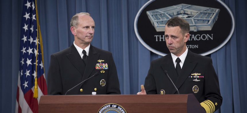 Chief of Naval Operations Adm. Jonathan Greenert and Director of the Naval Nuclear Propulsion Program Adm. John Richardson hold a press conference at the Pentagon, on Feb. 4, 2014.