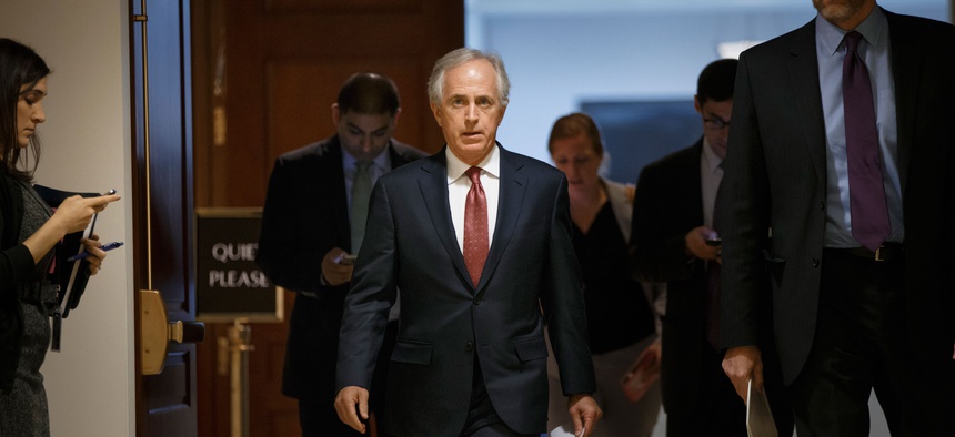 Senate Foreign Relations Committee Chairman Sen. Bob Corker, R-Tenn. leaves a closed-door security briefing on nuclear negotiations with Iran, Tuesday, Feb. 10, 2015, on Capitol Hill in Washington.