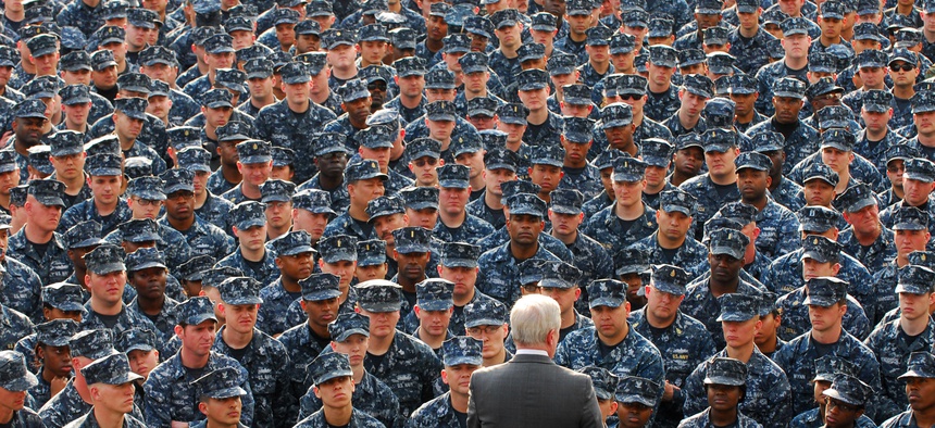 Secretary of the Navy Ray Mabus speaks to Sailors and Marines during an all-hands call at Commander, Fleet Activities Yokosuka, April 20, 2011.