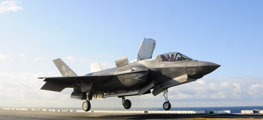 One of the Marine Corps' F-35Bs lifts off the flight deck of the USS Wasp during a test.