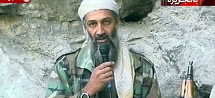 In this Oct. 7, 2011 file photo, Osama bin Laden is seen at an undisclosed location in this television image.
