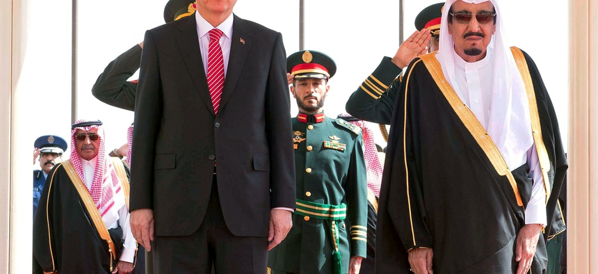 Turkey's President Recep Tayyip Erdogan meets with Saudi King Salman during a ceremony in Riyadh, on March 2, 2015.