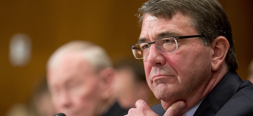 Defense Secretary Ash Carter and Joint Chiefs Chairman Gen. Martin Dempsey testify on Capitol Hill in Washington, Wednesday, May 6, 2015, before the Senate Appropriations Committee.