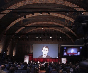 National Security Agency leaker Edward Snowden appears on a live video as he attends a International Journalism Festival panel via Skype, on April 17, 2015. National Security Agency leaker Edward Snowden appears on a live video as he attends a International Journalism Festival panel via Skype, on April 17, 2015.