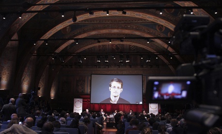National Security Agency leaker Edward Snowden appears on a live video as he attends a International Journalism Festival panel via Skype, on April 17, 2015. National Security Agency leaker Edward Snowden appears on a live video as he attends a International Journalism Festival panel via Skype, on April 17, 2015.