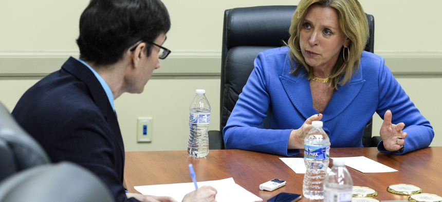 Secretary of the Air Force Deborah Lee James answers questions from local media during a visit to Wright-Patterson Air Force Base, Ohio, March 26, 2015.