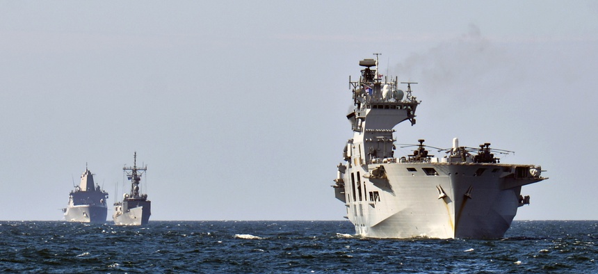 Three NATO ships steam in the Baltic as part of exercise Baltic Operations 2015.