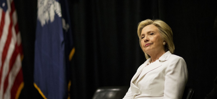 Democratic presidential candidate Hillary Rodham Clinton listens to a speaker during a campaign stop Wednesday, June 17, 2015, in Santee, S.C.