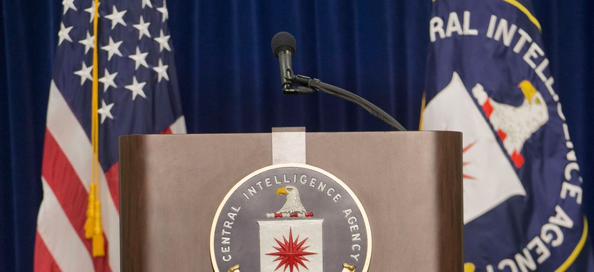 The stage and podium are seen set up before the start of CIA Director John Brennan's news conference at CIA headquarters in Langley, Va., Thursday, Dec. 11, 2014.