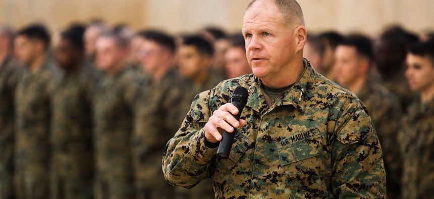 Lt . Gen. Robert Neller, commander of U.S. Marine Corps Forces Command and U.S. Marine Corps Forces Europe, speaks during a transfer of authority ceremony at Mihail Kogalniceanu, Romania, Feb. 9, 2015.