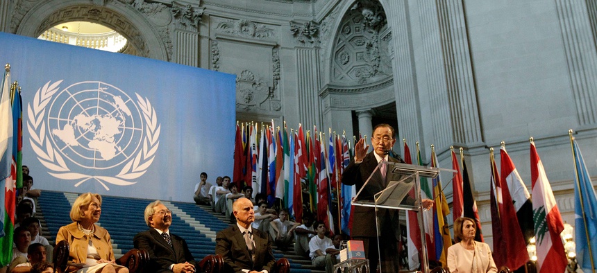 U.N. Secretary General Ban Ki-moon, foreground center, speaks at a ceremony for the 70th anniversary of the United Nations in San Francisco, Friday, June 26, 2015.