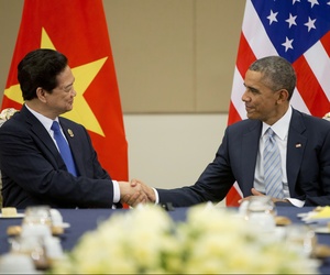 U.S. President Barack Obama, right, and Vietnam's Prime Minister Nguyen Tan Dung, shake hands during their bilateral meeting at the Myanmar International Convention Center, Thursday, Nov. 13, 2014 in Naypyitaw, Myanmar. U.S. President Barack Obama, right, and Vietnam's Prime Minister Nguyen Tan Dung, shake hands during their bilateral meeting at the Myanmar International Convention Center, Thursday, Nov. 13, 2014 in Naypyitaw, Myanmar.