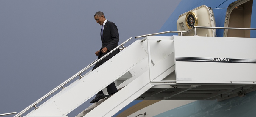 President Barack Obama walks down the steps of Air Force One as he arrives at Addis Ababa Bole International Airport, on Sunday, July 26, 2015, in Addis Ababa.