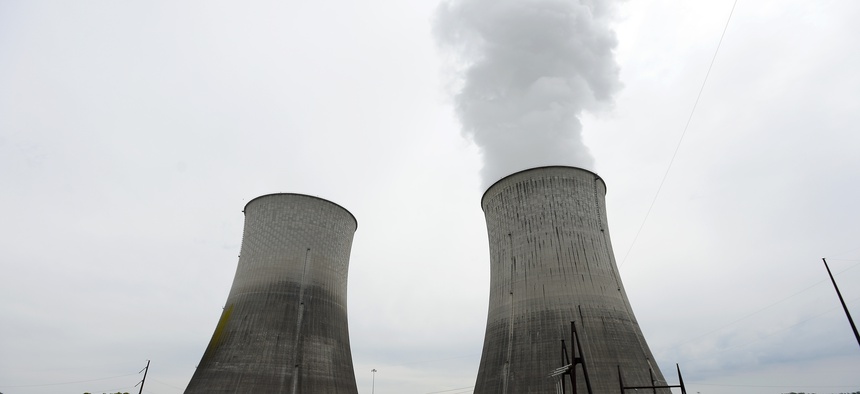 In this April 29, 2015 photo, the cooling tower for Unit 2, left, and Unit 1, right, are seen at the Watts Bar Nuclear Plant near Spring City, Tenn.