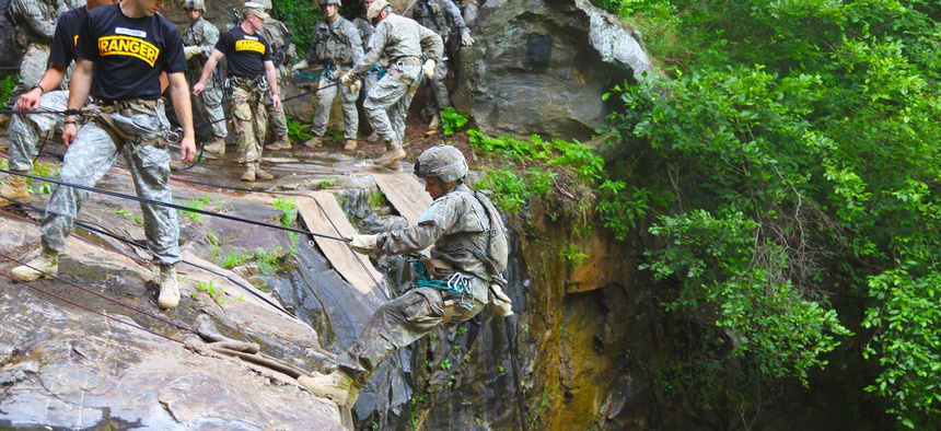 U.S. Army Soldiers participate in rappel training during the Ranger Course on Camp Merrill in Dahlonega, Ga., July 12, 2015.