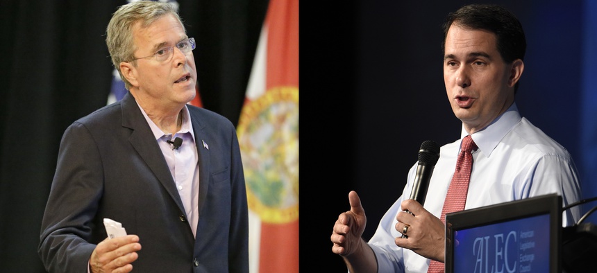 The GOP presidential candidacies of Jeb Bush, left, and Scott Walker, have split a pair of old friends and former Romney campaign advisors.