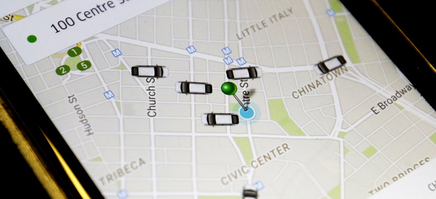 The Uber app shows cars available for a pickup at 100 Centre St. earlier this year.