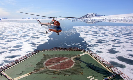 A helicopter lifts off the deck of the Russian nuclear-powered icebreaker 50 Years of Victory in the Arctic Sea on July 5, 2015. Used under Creative Commons Attribution 2.0 Generic. A helicopter lifts off the deck of the Russian nuclear-powered icebreaker 50 Years of Victory in the Arctic Sea on July 5, 2015. Used under Creative Commons Attribution 2.0 Generic.