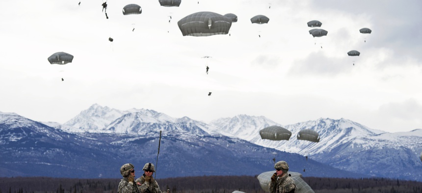 Paratroopers with the 25th Infantry Division establish communications during an exercise at Joint Base Elmendorf-Richardson, Alaska, on March 18, 2015.