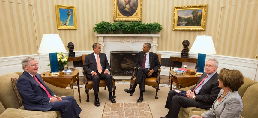President Barack Obama meets with Congressional leaders in the Oval Office of the White House in Washington, Tuesday, Sept. 9, 2014, to discuss options for combating the Islamic State.