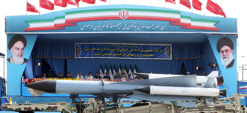 Missiles are displayed by the Iranian army in a military parade just outside Tehran, Iran, April 18, 2015.