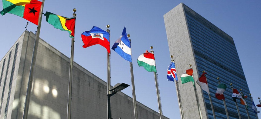Flags fly in the north end of the United Nations building on a sunny fall day in New York City, Oct. 9, 2006.