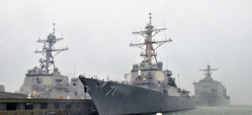 NORFOLK - The guided missile destroyers USS Ross, USS Forrest Sherman, the amphibious dock landing ship USS Fort McHenry and the guided-missile cruiser USS Normandy are safely moored at Naval Station Norfolk.