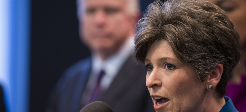 Sen. Joni Ernst, R-Iowa, speaks in support of retaining the A-10 military aircraft, Tuesday, May 5, 2015, during a news conference on Capitol Hill in Washington.