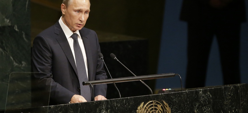 Russian President President Vladimir Putin addresses the 70th session of the United Nations General Assembly at U.N. headquarters, Monday, Sept. 28, 2015.