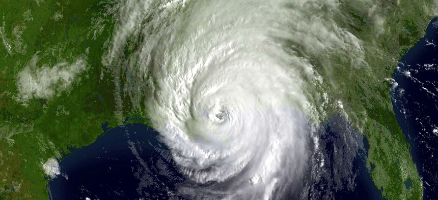 A GOES-12 visible image of Hurricane Katrina shortly after landfall on August 29, 2005 at 1415z.