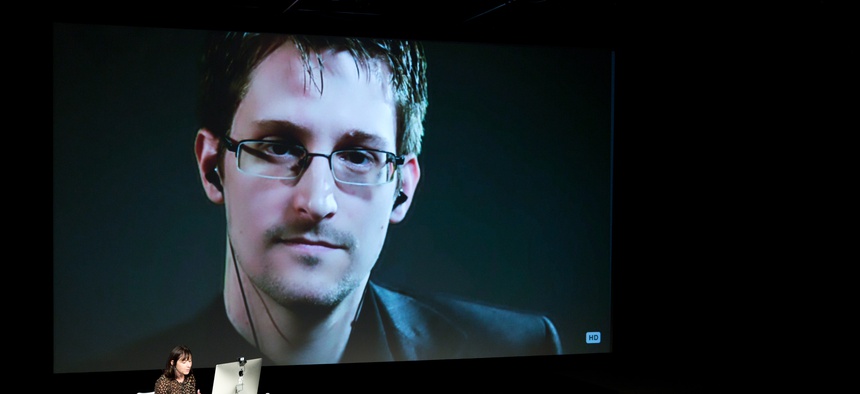 IMAGE DISTRIBUTED FOR THE NEW YORKER - Edward Snowden talks with Jane Mayer via satellite at the 15th Annual New Yorker Festival on Saturday, Oct. 11, 2014 in New York.