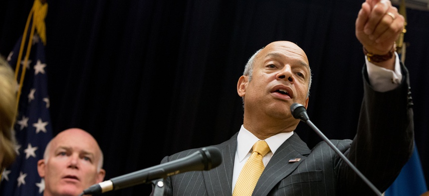 Homeland Security Secretary Jeh Johnson takes questions from members of the media following an event in Washington, Monday, Oct. 5, 2015, to thank Homeland Security Deparment employees for their work.