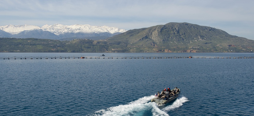 SOUDA BAY, Greece (April 13, 2015) The The USS Ross (DDG 71) visit board search and seizure (VBSS) team trains in the port of Souda Bay, Greece April 13, 2015.
