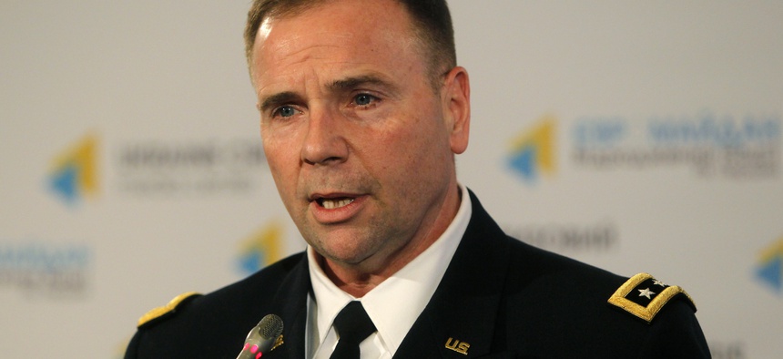 U.S. Army Europe commander Lt. Gen. Ben Hodges speaks during news conference in Kiev, Ukraine, Wednesday, Jan. 21, 2015.