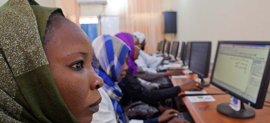 El Geneina: Students of the Faculty of Technology Science of the University of El Geneina, West Darfur, work at the computer lab sponsored by UNAMID as a Quick Impact Project in 2011.