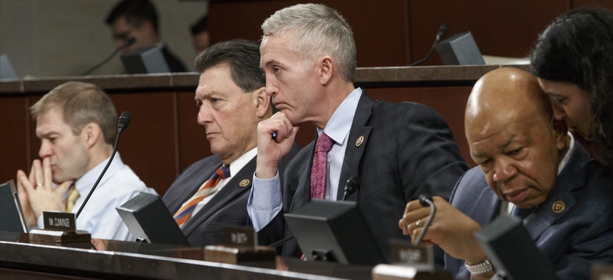 Members of the House Select Committee on Benghazi, from left, Rep. Jim Jordan, R-Ohio, Rep. Lynn Westmoreland, R-Ga., Committee Chairman Rep. Trey Gowdy, R-S.C., and Rep. Elijah Cummings, D-Md., the ranking member, listen to witnesses from the CIA and Sta