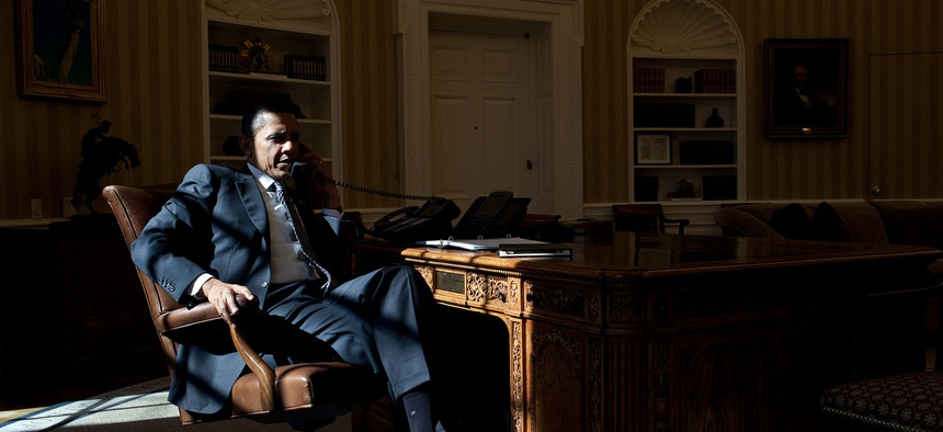Here, in the midst of the morning light, the President talks on the phone with British Prime Minister David Cameron.
