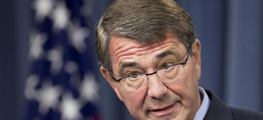 In this Sept. 30, 2015, photo Defense Secretary Ash Carter speaks to reporters during a news conference at the Pentagon.