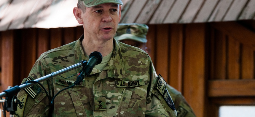 KABUL, Afghanistan (June 14, 2012) - U.S. Army Maj. Gen. Sean MacFarland, operations deputy chief of staff for the International Security Assistance Force (ISAF), speaks during a ceremony commemorating the U.S. Army's 237th birthday.